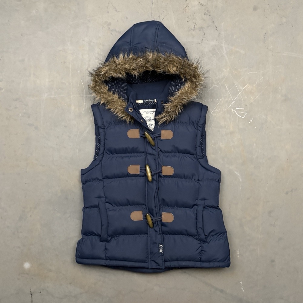 Tokyo Laundry Navy Blue Puffer Vest Womens Toggle Faux Fur Hood Large EUC